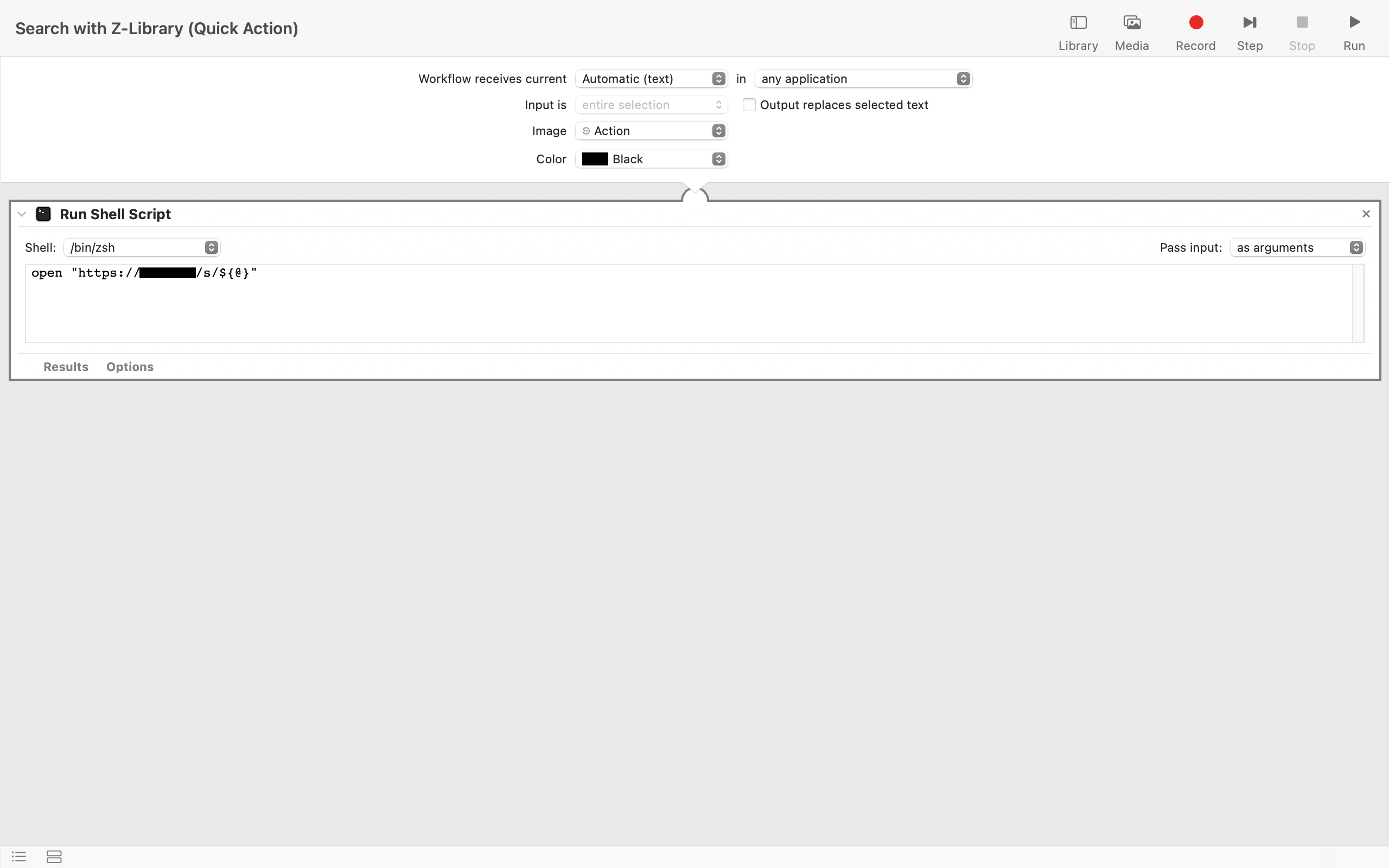 screenshot showing the settings and script for the shortcut