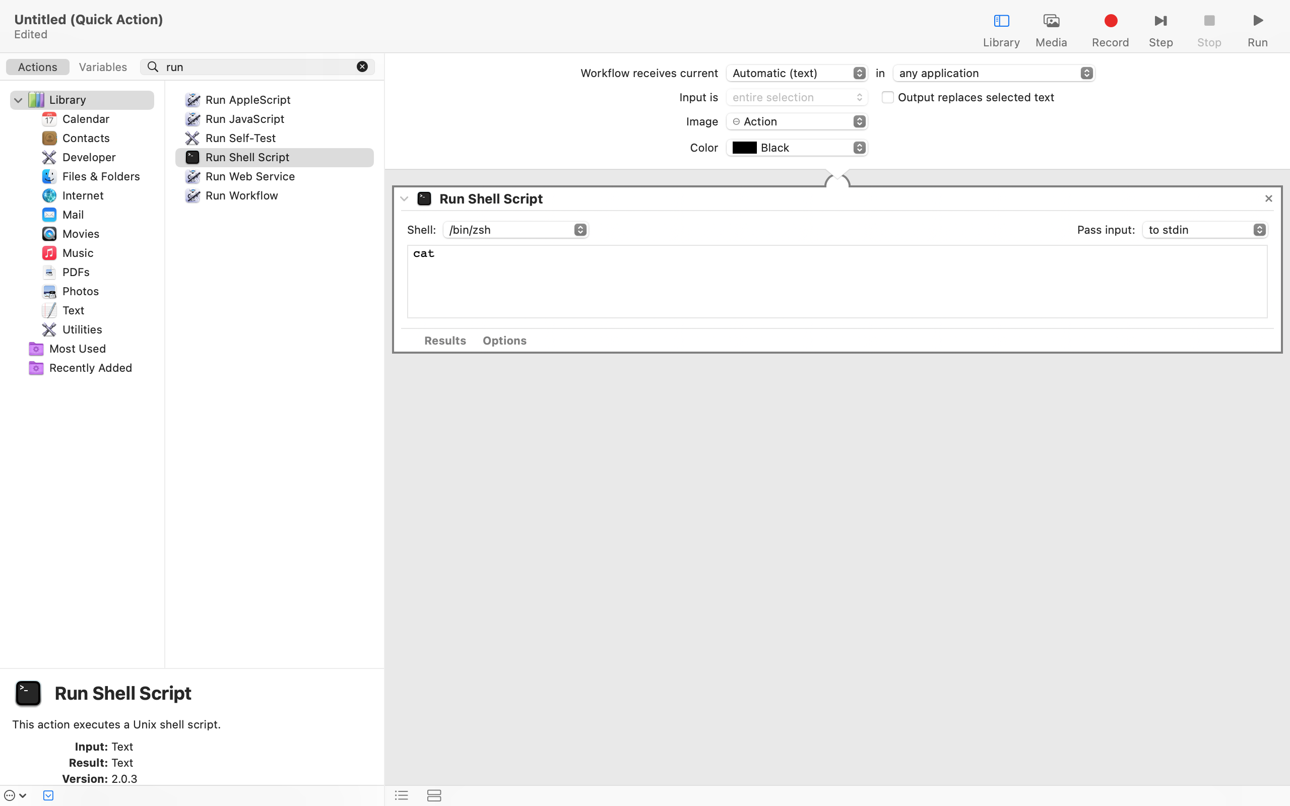 screenshot showing the default settings for the run shell script action