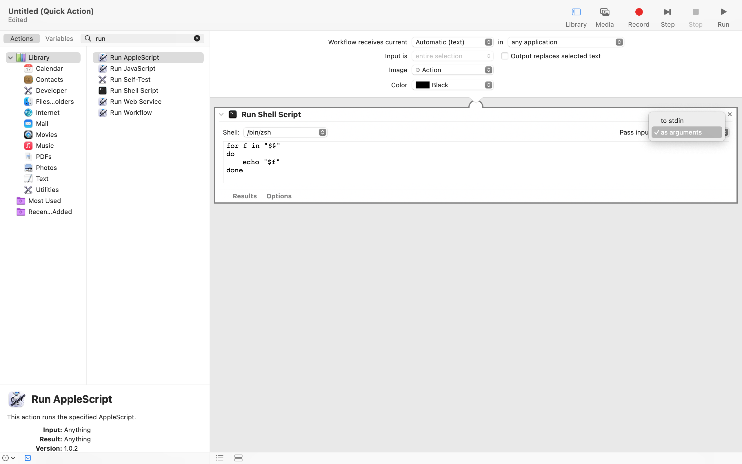 screenshot showing the modified settings for the run shell script action